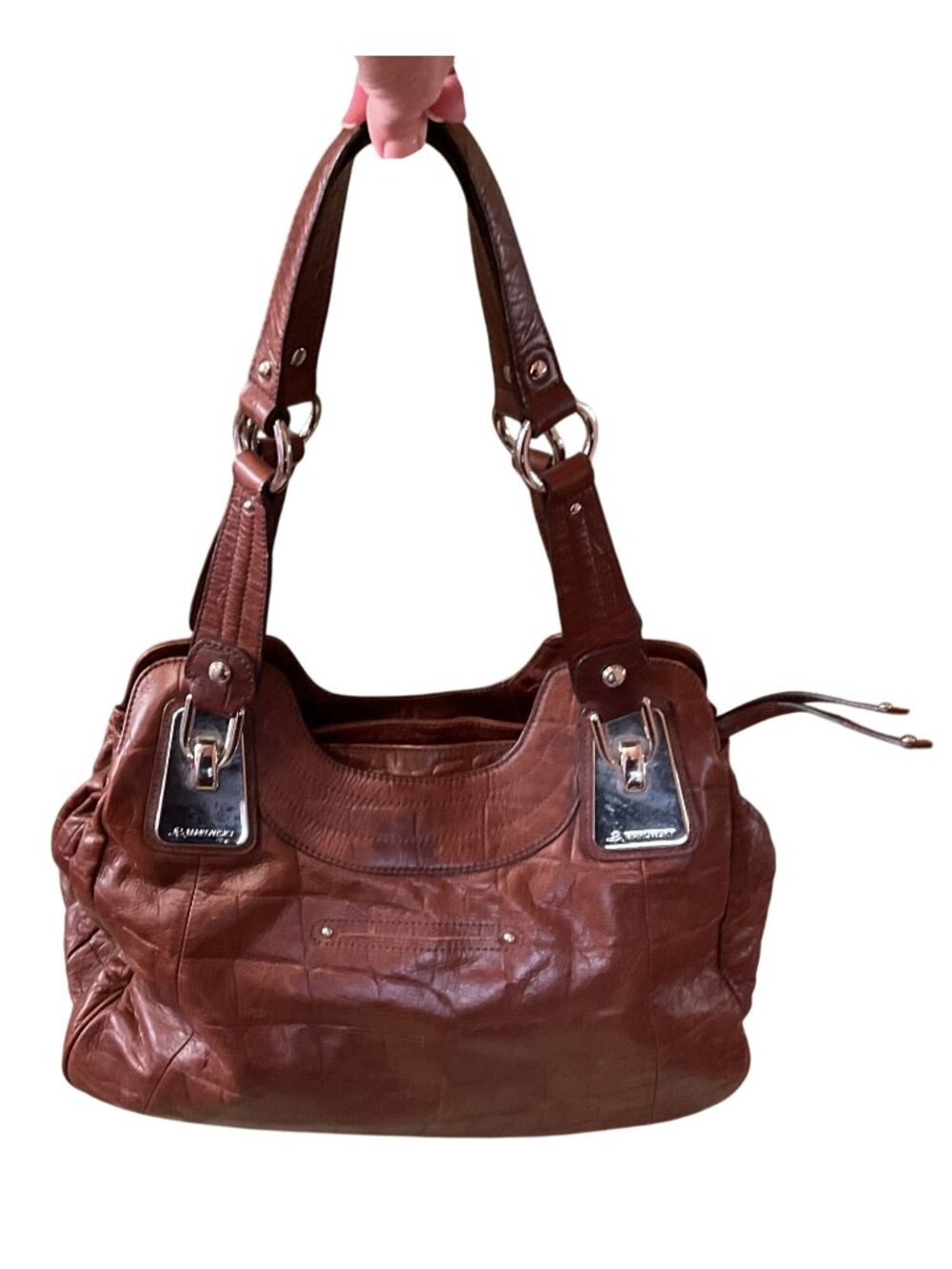 B. Makowsky Brown Leather Boho Bag With Leopard Print Lining & Dust Bag